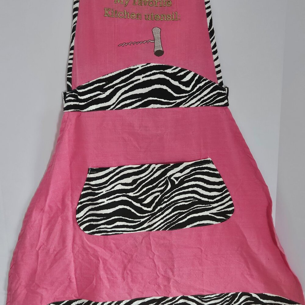 NWT Wine Opener My Favorite Kitchen Utensil Apron in Hot Pink & Zebra Print - Picture 5 of 10